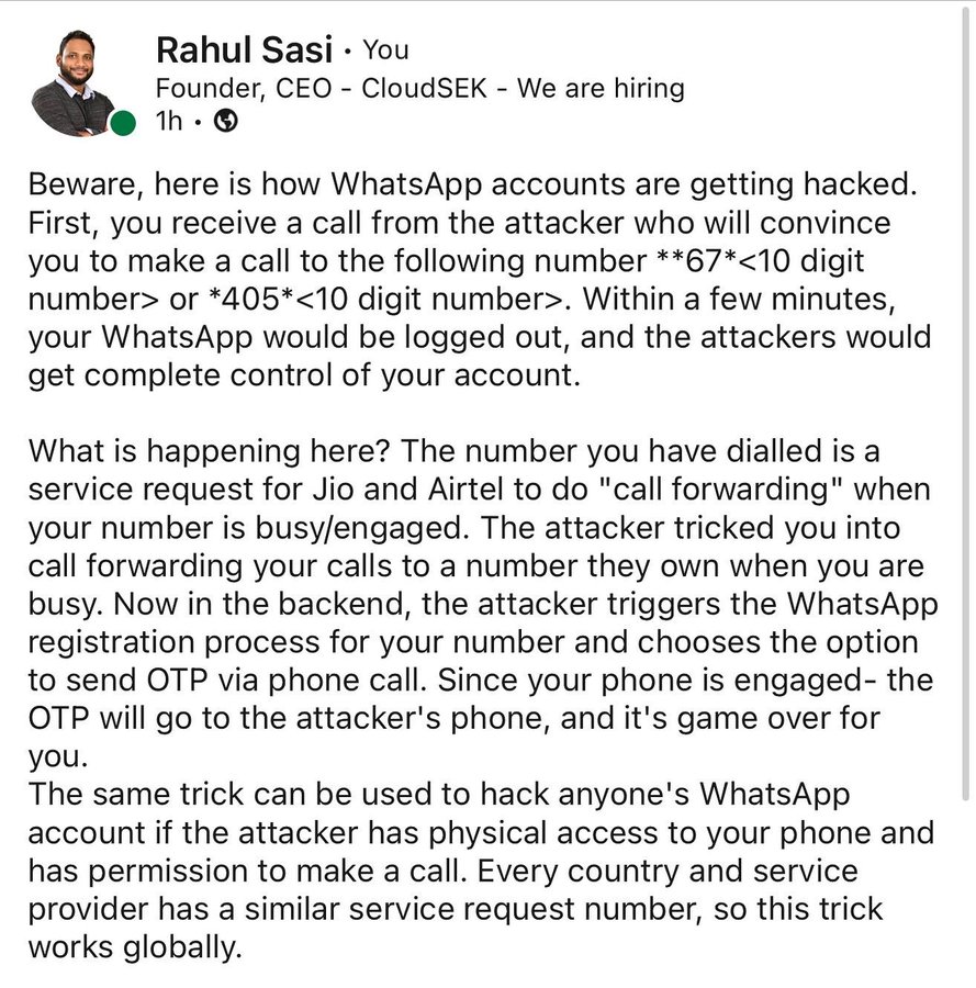 A new WhatsApp OTP scam could allow the hijacking of users’ accounts