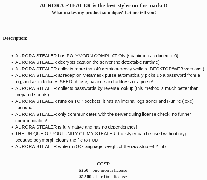 Aurora Stealer Malware is becoming a prominent threat in the cybercrime ecosystem
